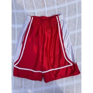 Vintage Red White Basketball Shorts Mens Athletic Mesh Shiny Gym Sportswear L